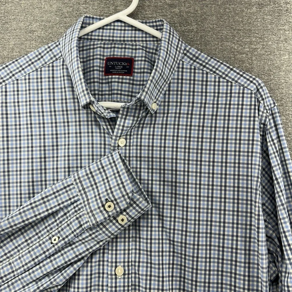 UNTUCKit Nahad Slim Fit Shirt Men Size Large Blue Checked Long Sleeve Nylon